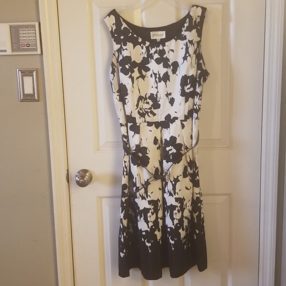 Black and off white dress with black thin sweater
